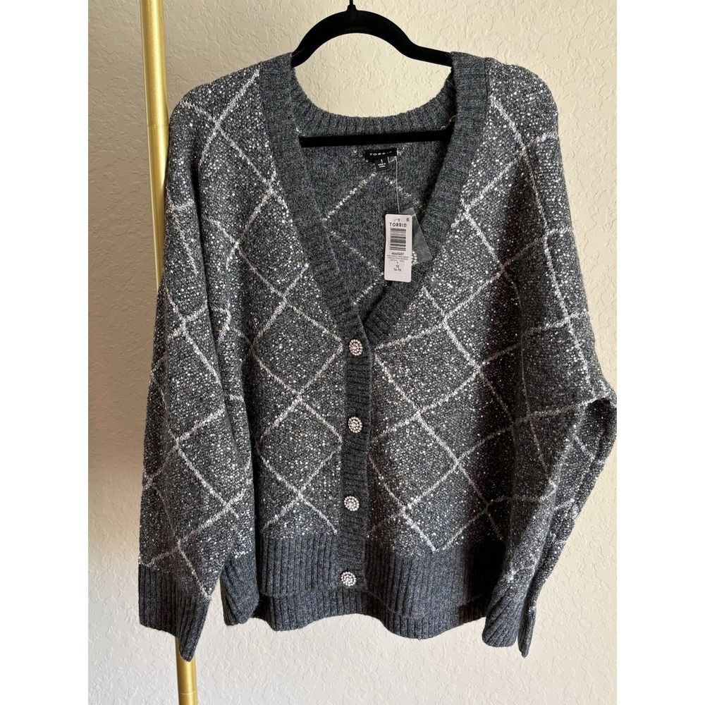 Torrid Women's NWT Argyle Sequin Vegan Cashmere Cardigan Size 1X Holiday Glam
